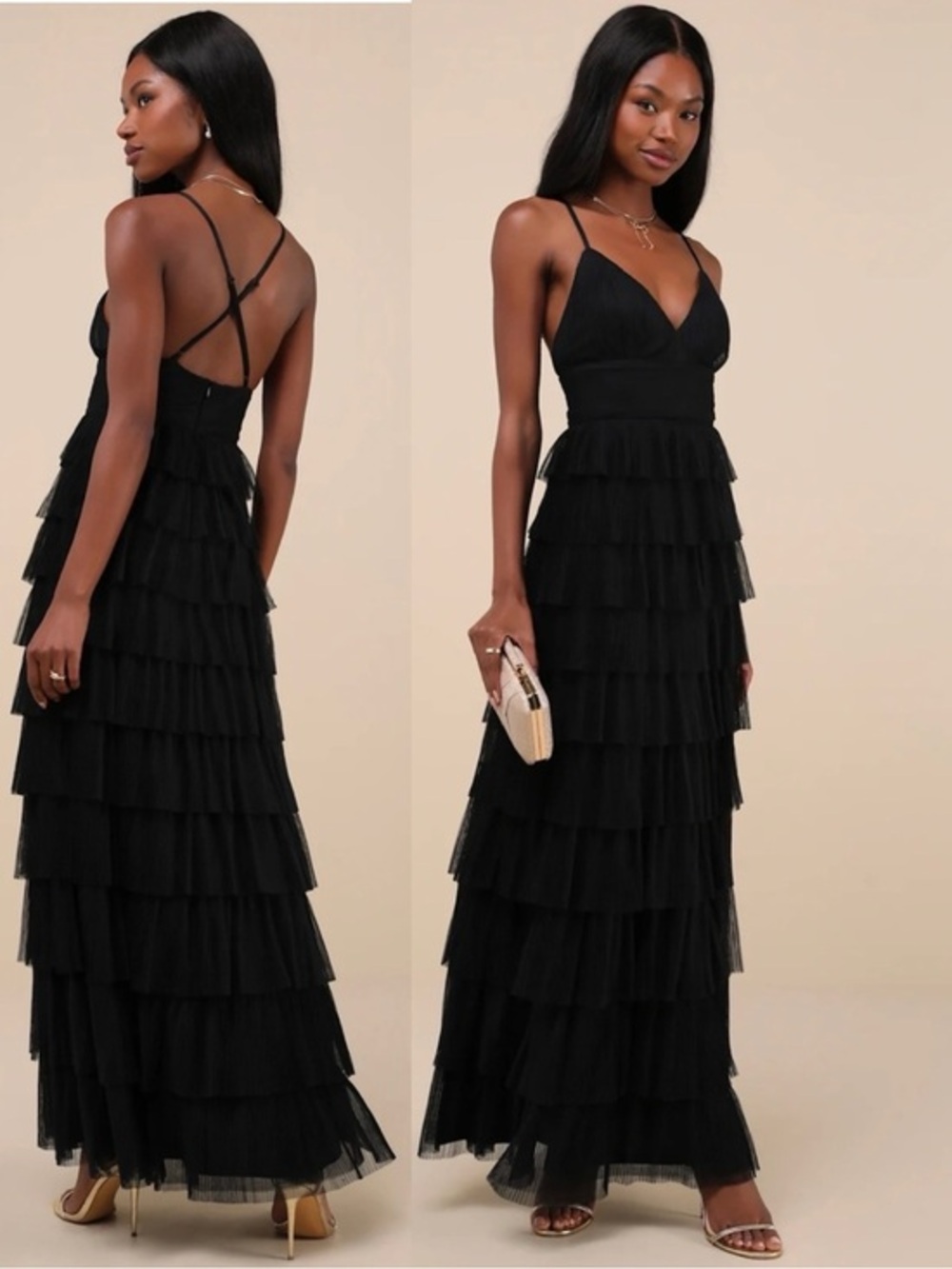 NWT Lulu’s Radiant Event Black Mesh Tiered Pleated Backless Maxi Dress Romantic